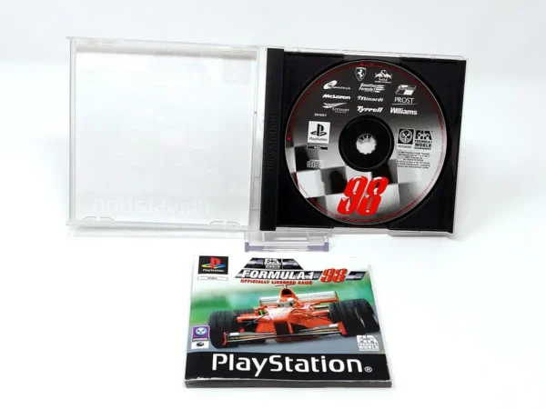 Interior del juego Formula 1 98 (ESP) para PlayStation 1 con disco y manual