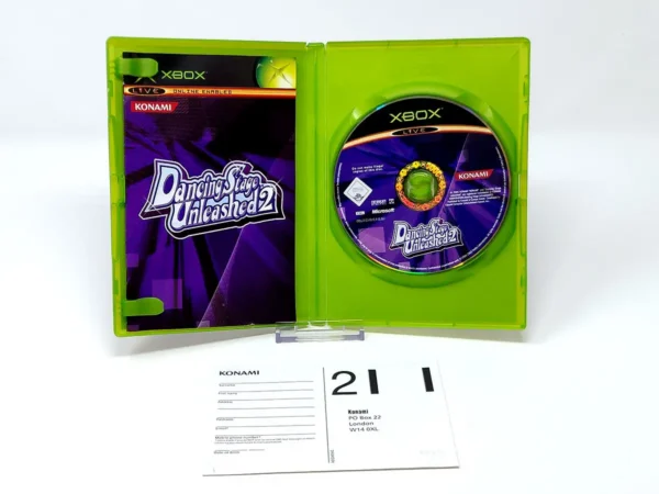 Interior del juego Dancing Stage Unleashed 2 (UK) para XBOX con disco y manual