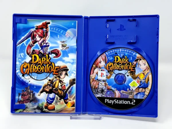 Interior del juego Dark Chronicle (ESP) para PlayStation 2 con disco y manual