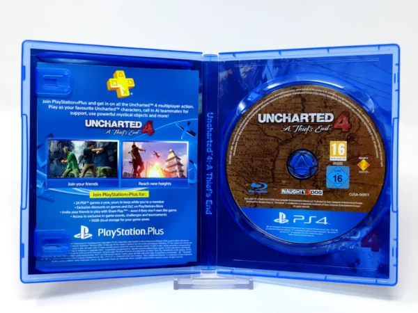 Interior del juego Uncharted 4: A Thief's End (UK) para PlayStation 4 con disco y manual
