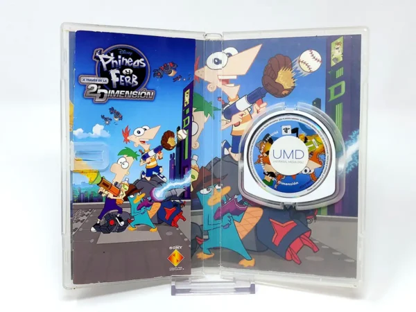 Interior del juego Disney Phineas y Ferb: A Través de la 2ª Dimensión (ESP) para PSP con disco y manual