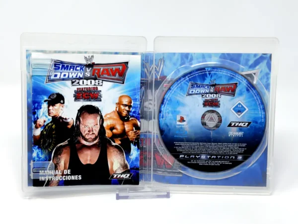 Interior del juego WWE SmackDown vs. Raw 2008 (ESP) (v2) para PlayStation 3 con disco y manual