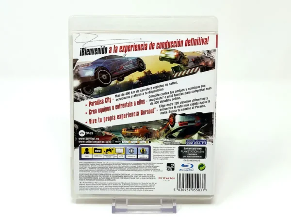 Parte trasera de Burnout Paradise (ESP) para PlayStation 3, edición PAL España