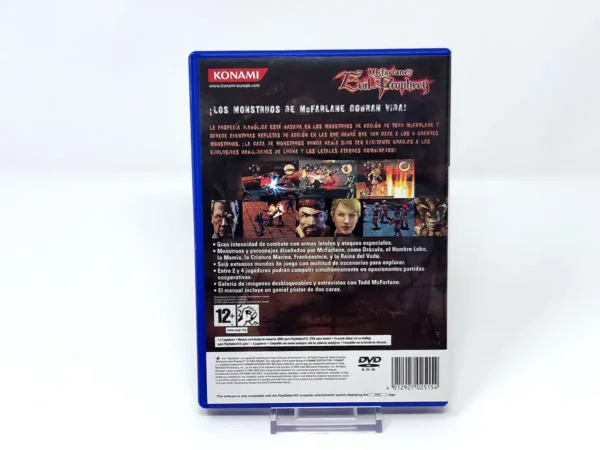 Parte trasera de McFarlane's Evil Prophecy (ESP) para PlayStation 2, edición PAL España