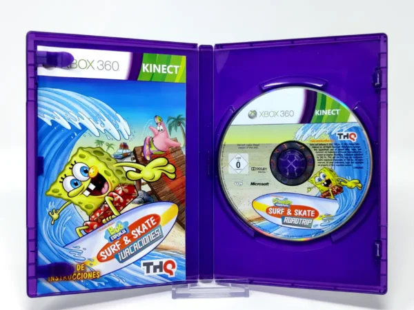 Interior del juego Bob Esponja: Surf & Skate ¡Vacaciones! (ESP) para XBOX 360 con disco y manual