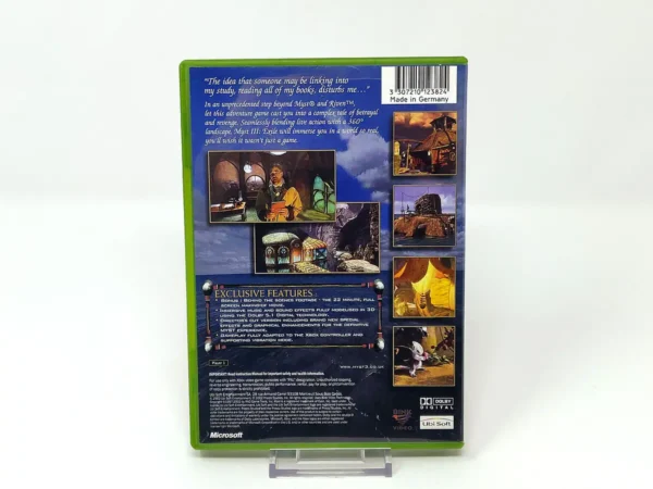 Parte trasera de Myst III: Exile (UK) para XBOX, edición PAL UK