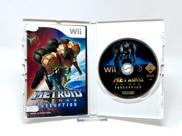 Interior del juego Metroid Prime 3: Corruption (ESP) para Nintendo Wii con disco y manual