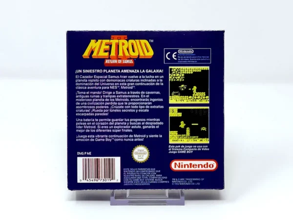 Parte trasera de Metroid II: Return of Samus (ESP) para Nintendo Game Boy, edición PAL España