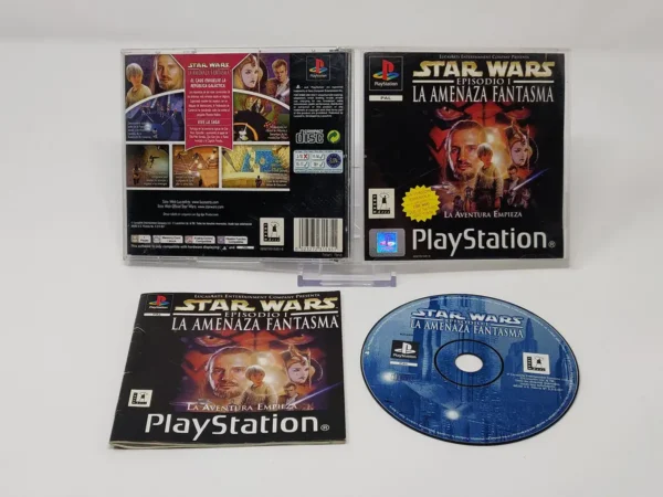 Interior del juego Star Wars: Episodio I - La Amenaza Fantasma (ESP) para PlayStation 1 con disco y manual