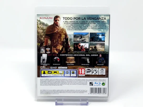 Parte trasera de Metal Gear Solid V: The Phantom Pain (Edición Day One) (ESP) para PlayStation 3, edición PAL España