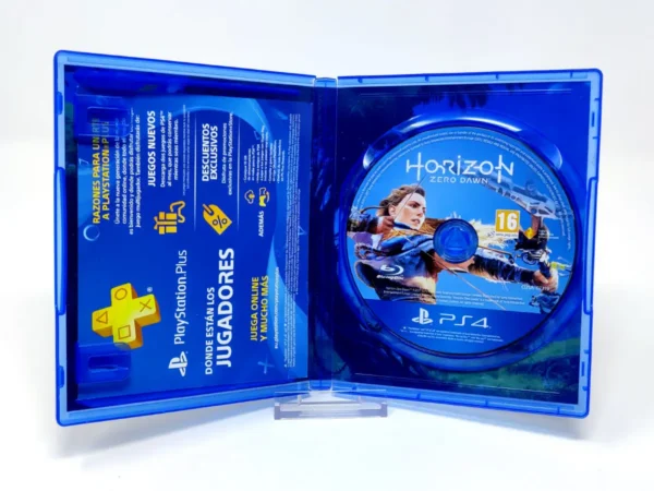 Interior del juego Horizon Zero Dawn (ESP) para PlayStation 4 con disco y manual