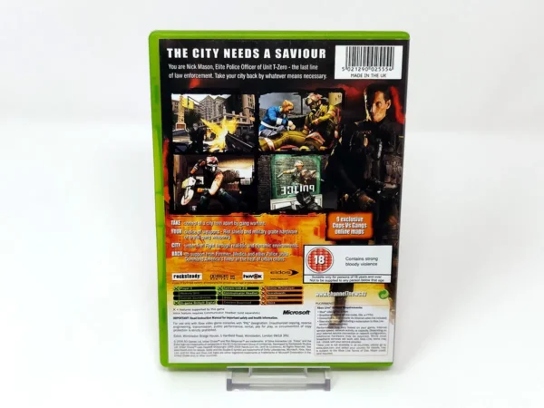 Parte trasera de Urban Chaos: Riot Response (UK) para XBOX, edición PAL UK
