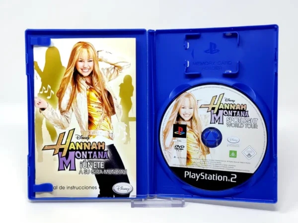 Interior del juego Disney Hannah Montana: ¡Únete a su Gira Mundial! (ESP) para PlayStation 2 con disco y manual