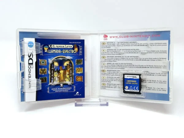 Interior del juego El Profesor Layton y la Llamada del Espectro (ESP) para Nintendo DS con disco y manual