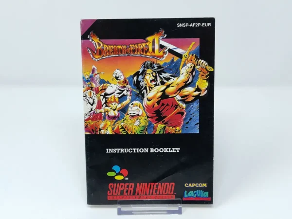 Interior del juego Breath of Fire II (EUR) para Nintendo SNES con disco y manual
