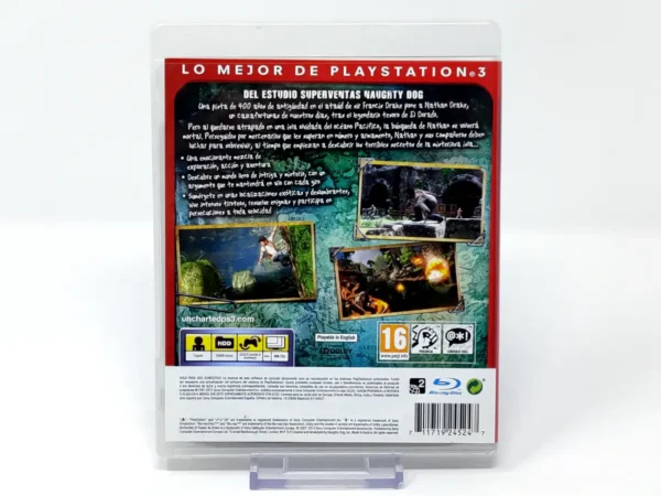 Parte trasera de Uncharted: El Tesoro de Drake (ESP) (Essentials) para PlayStation 3, edición PAL España