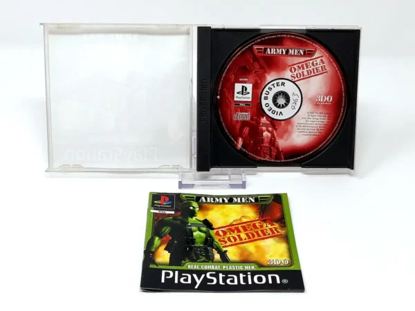 Interior del juego Army Men: Omega Soldier (UK) para PlayStation 1 con disco y manual
