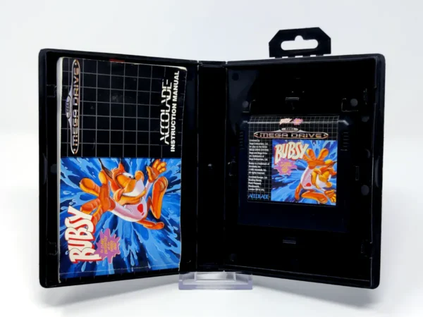 Interior del juego Bubsy in: Claws Encounters of the Furred Kind (ESP) para Sega Mega Drive con disco y manual