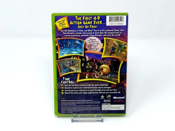 Parte trasera de Blinx: The Time Sweeper (USA) para XBOX, edición NTSC USA