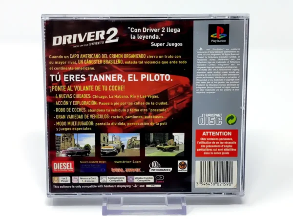 Parte trasera de Driver 2: Back on the Streets (ESP) (Platinum) para PlayStation 1, edición PAL España