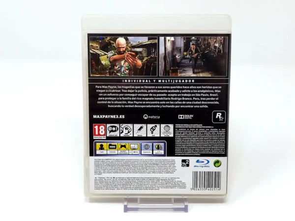 Parte trasera de Max Payne 3 (ESP) para PlayStation 3, edición PAL España