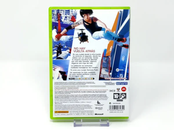 Parte trasera de Mirror's Edge (ESP) para XBOX 360, edición PAL España
