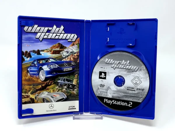 Interior del juego World Racing (FRA) para PlayStation 2 con disco y manual