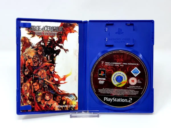 Interior del juego Dirge of Cerberus: Final Fantasy VII (ESP) (Rebajado) para PlayStation 2 con disco y manual