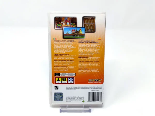 Parte trasera de Capcom Puzzle World (ESP) (Essentials) para PSP, edición PAL España