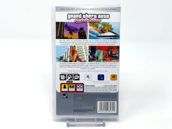 Parte trasera de Grand Theft Auto: Vice City Stories (ESP) (Platinum) (Con Mapa) para PSP, edición PAL España