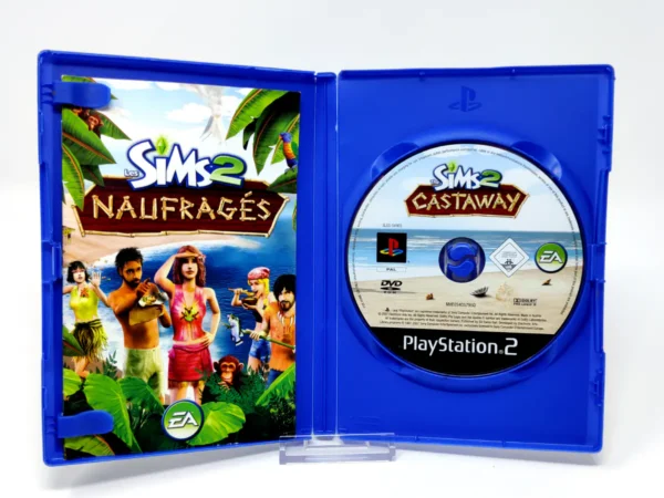 Interior del juego Les Sims 2: Naufragés (FRA) para PlayStation 2 con disco y manual
