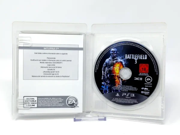 Interior del juego Battlefield 3 (ESP) (v1) para PlayStation 3 con disco y manual