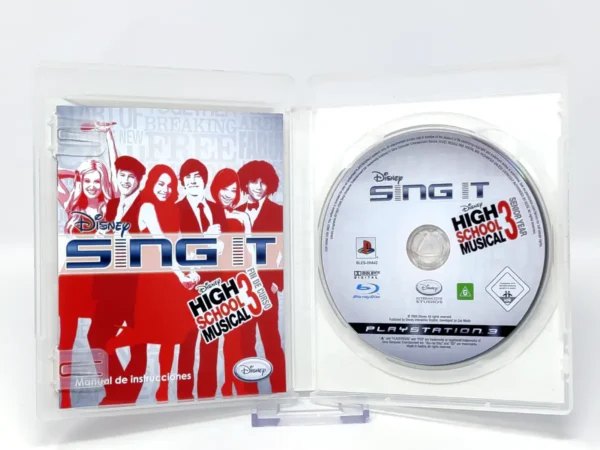 Interior del juego Disney Sing It: High School Musical 3: Fin de curso (ESP) para PlayStation 3 con disco y manual