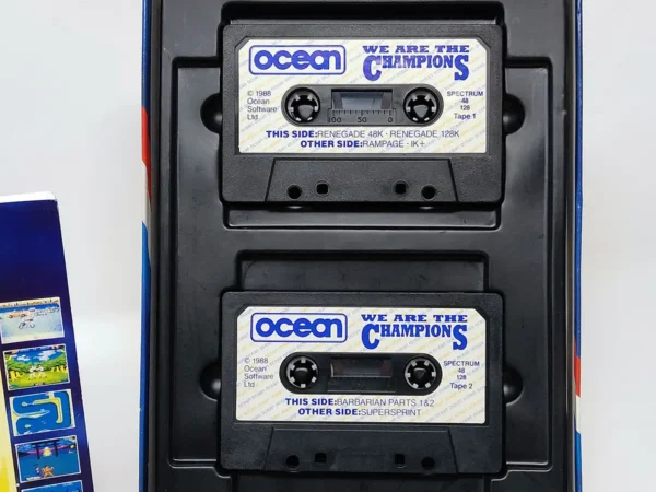 Lateral de la caja de We Are the Champions (Ocean) para Sinclair ZX Spectrum