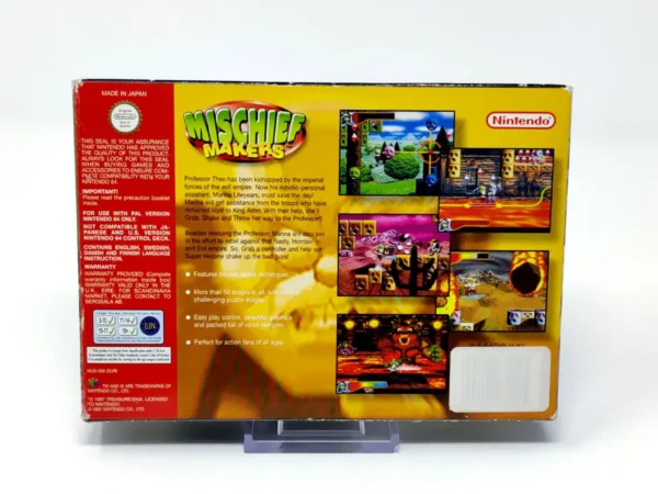 Parte trasera de Mischief Makers (UK) para Nintendo 64, edición PAL UK