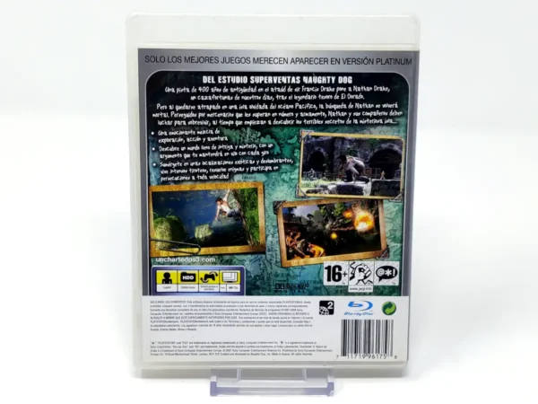 Parte trasera de Uncharted: El Tesoro de Drake (ESP) (Platinum) (Rebajado) para PlayStation 3, edición PAL España