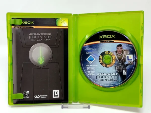 Interior del juego Star Wars: Jedi Knight: Jedi Academy (ESP) para XBOX con disco y manual