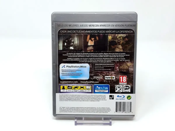 Parte trasera de Heavy Rain: Move Edition (ESP) (Platinum) para PlayStation 3, edición PAL España