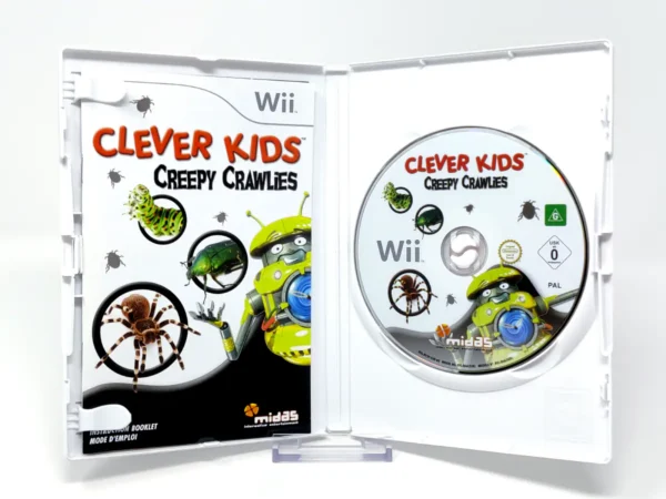 Interior del juego Clever Kids: Creepy Crawlies (UK) para Nintendo Wii con disco y manual