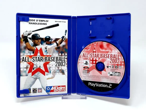 Interior del juego All-Star Baseball 2002 (FRA) para PlayStation 2 con disco y manual