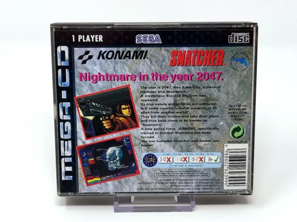 Parte trasera de Snatcher (UK) para Sega Mega Drive, edición PAL UK