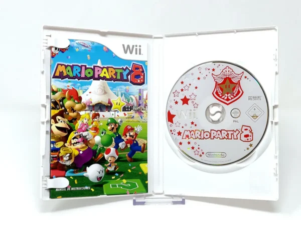 Interior del juego Mario Party 8 (ESP) para Nintendo Wii con disco y manual