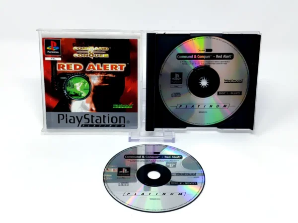 Interior del juego Command & Conquer: Red Alert (ESP) (Platinum) para PlayStation 1 con disco y manual
