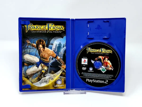 Interior del juego Prince of Persia: Les Sables du Temps (FRA) para PlayStation 2 con disco y manual