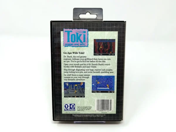 Parte trasera de Toki: Going Ape Spit (USA) para Sega Mega Drive, edición NTSC USA