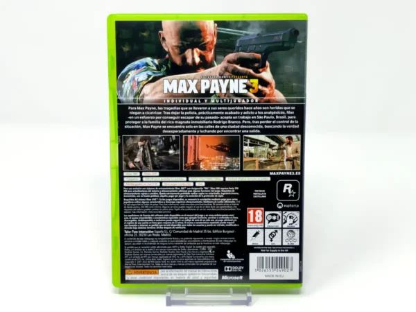Parte trasera de Max Payne 3 (ESP) para XBOX 360, edición PAL España