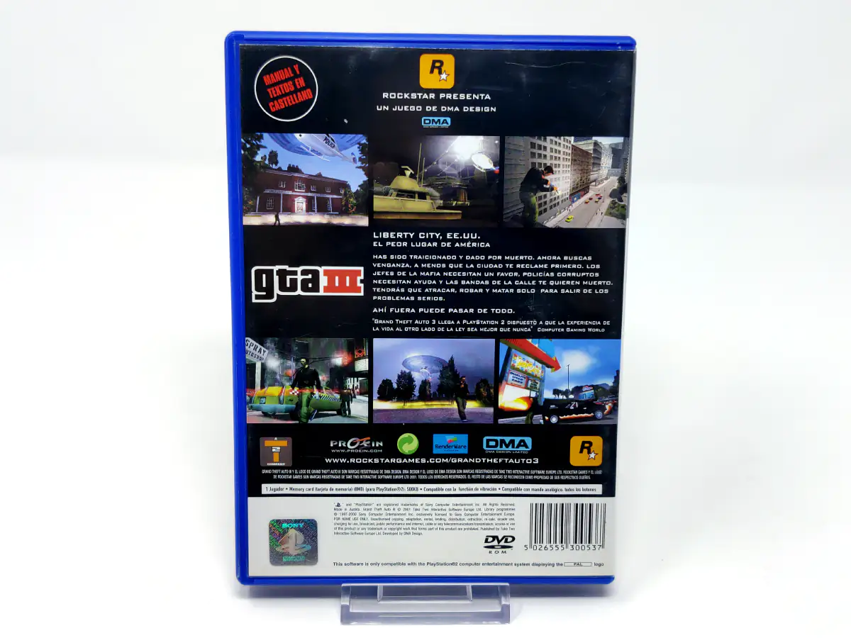 Parte trasera de Grand Theft Auto III (ESP) (v1) (Con Mapa) para PlayStation 2, edición PAL España