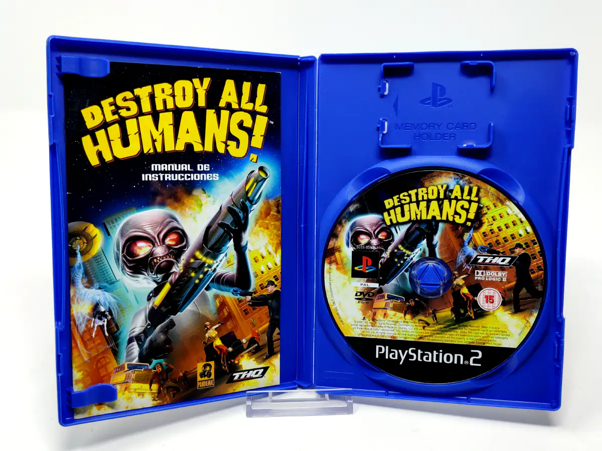 Interior del juego Destroy All Humans! (ESP) para PlayStation 2 con disco y manual