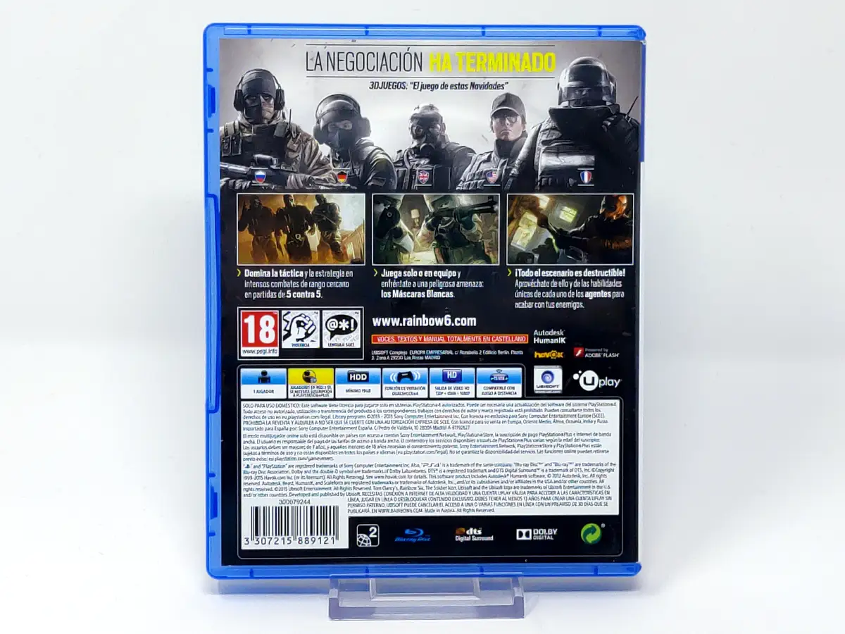 Parte trasera de Tom Clancy's Rainbow Six Siege (ESP) para PlayStation 4, edición PAL España