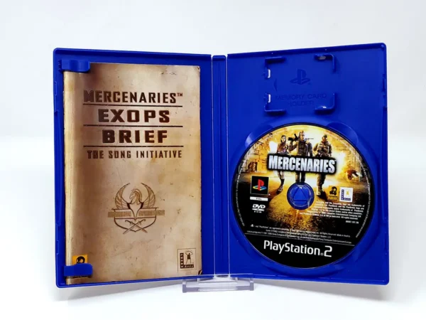 Interior del juego Mercenaries (UK) para PlayStation 2 con disco y manual